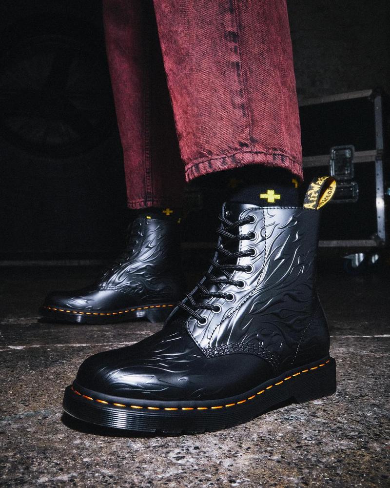 Men's Dr Martens 1460 Flames Emboss Leather Lace Up Boots Black | AU 509BEX